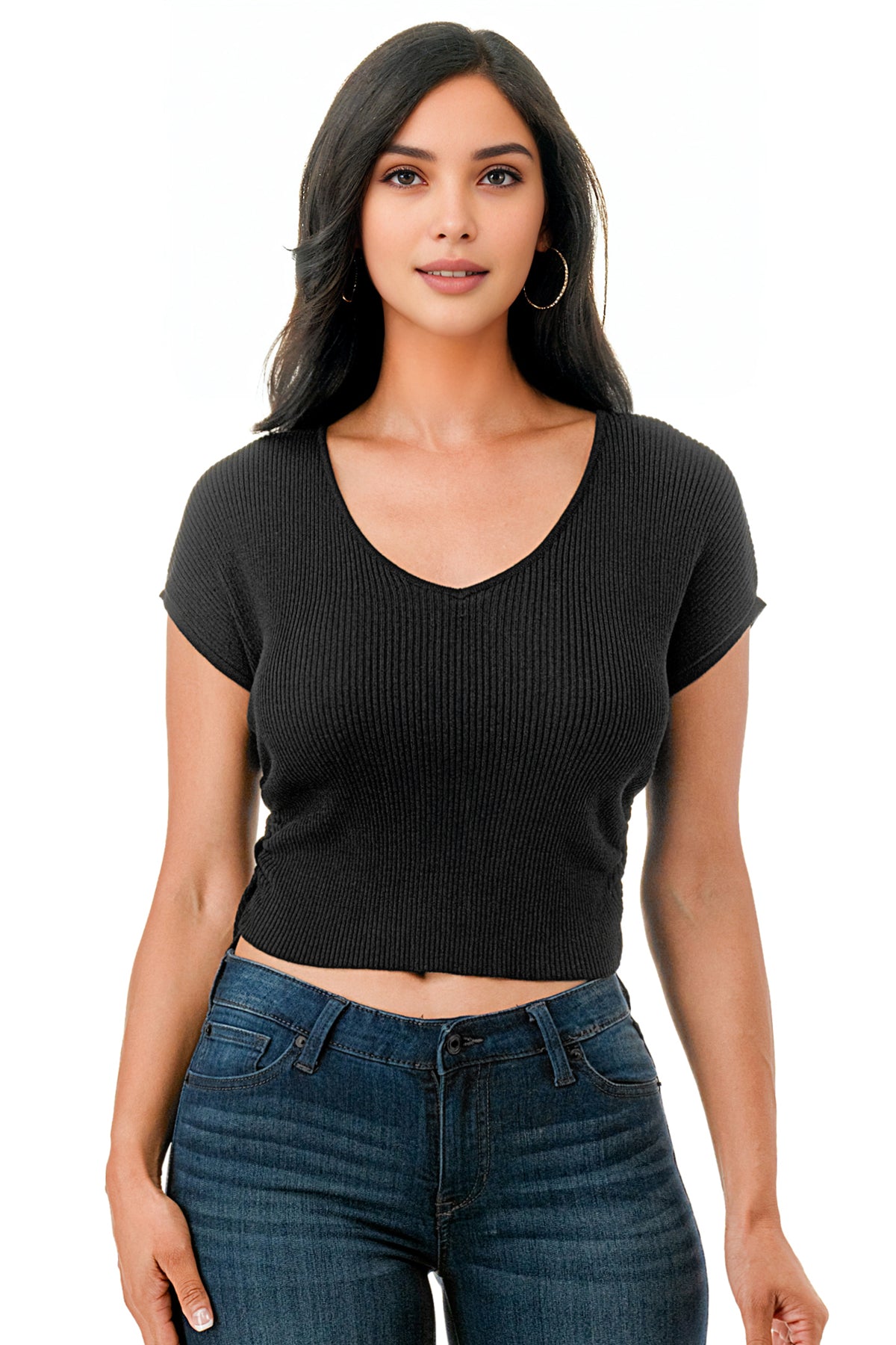 Short Sleeve V Neck Knitted Pullover Top
