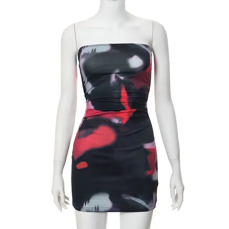 Summer Women Printed Strapless Party Dress